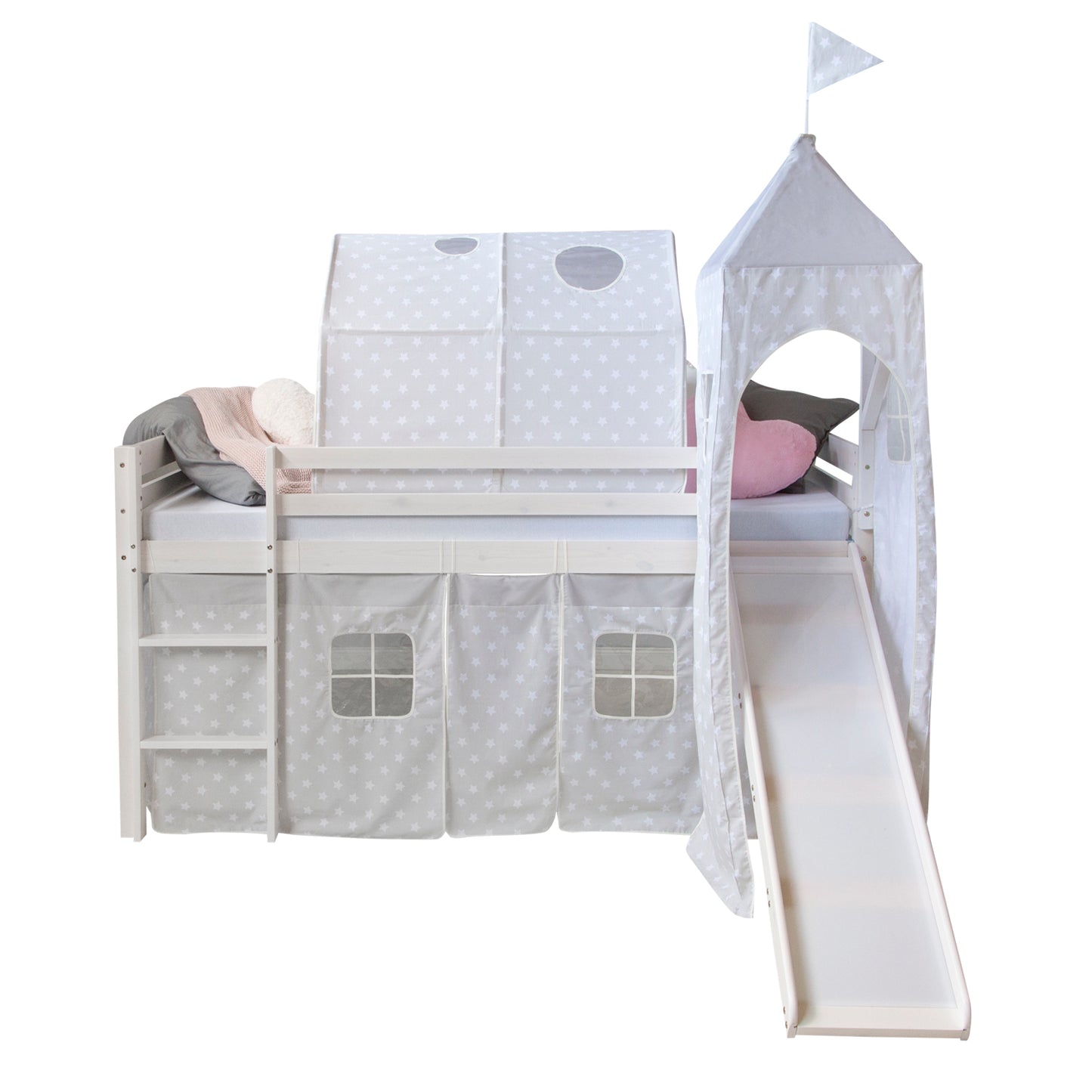 Hochbett Kinder 90x200 cm Weiss mit Vorhang Sterne | Tunnel | Turm | Rutsche | ohne Lattenrost