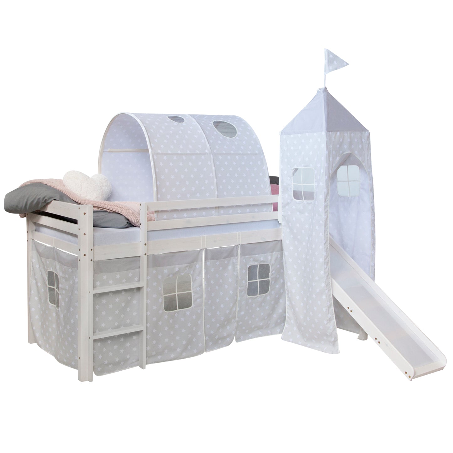 Hochbett Kinder 90x200 cm Weiss mit Vorhang Sterne | Tunnel | Turm | Rutsche | ohne Lattenrost
