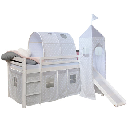 Hochbett Kinder 90x200 cm Weiss mit Vorhang Sterne | Tunnel | Turm | Rutsche | ohne Lattenrost