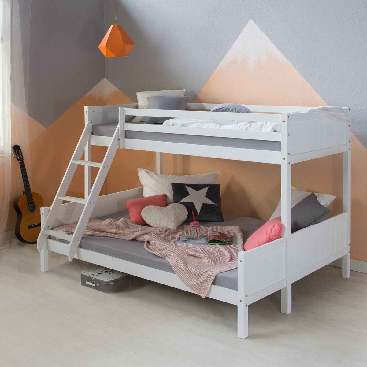 Etagenbett 90x200 und 140x200 Hochbett Weiss Holz mit Lattenrost 2 Matratzen