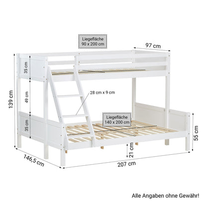 Etagenbett 2 Liegeflächen 90x200 cm und 140x200 cm | Weiss | Holz