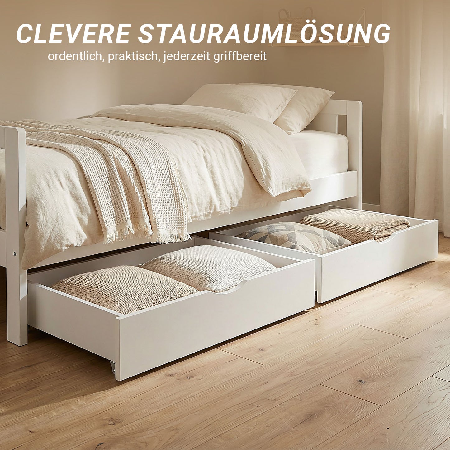 Bettkasten Holz Aufbewahrung mit Rollen Bett Schublade Weiss
