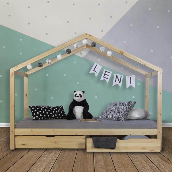 Kinderbett Hausbett 90x200 Kinderhaus Spielbett Holzbett Natur Bettkasten - Palo24