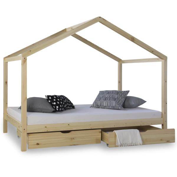 Kinderbett Hausbett 90x200 Kinderhaus Spielbett Holzbett Natur Bettkasten - Palo24