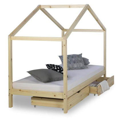 Kinderbett Hausbett 90x200 Kinderhaus Spielbett Holzbett Natur Bettkasten - Palo24