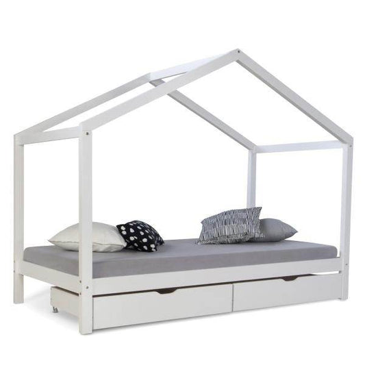 Kinderbett Hausbett 90x200 Kinderhaus Spielbett Holzbett Weiss Bettkasten - Palo24