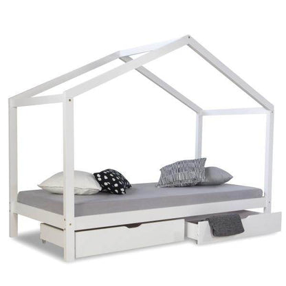 Kinderbett Hausbett 90x200 Kinderhaus Spielbett Holzbett Weiss Bettkasten - Palo24