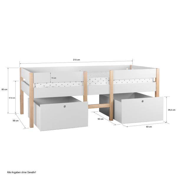 Halbhochbett Kinder Hochbett Kinderbett Kiefer Weiss 90x200 Bettkasten - Palo24