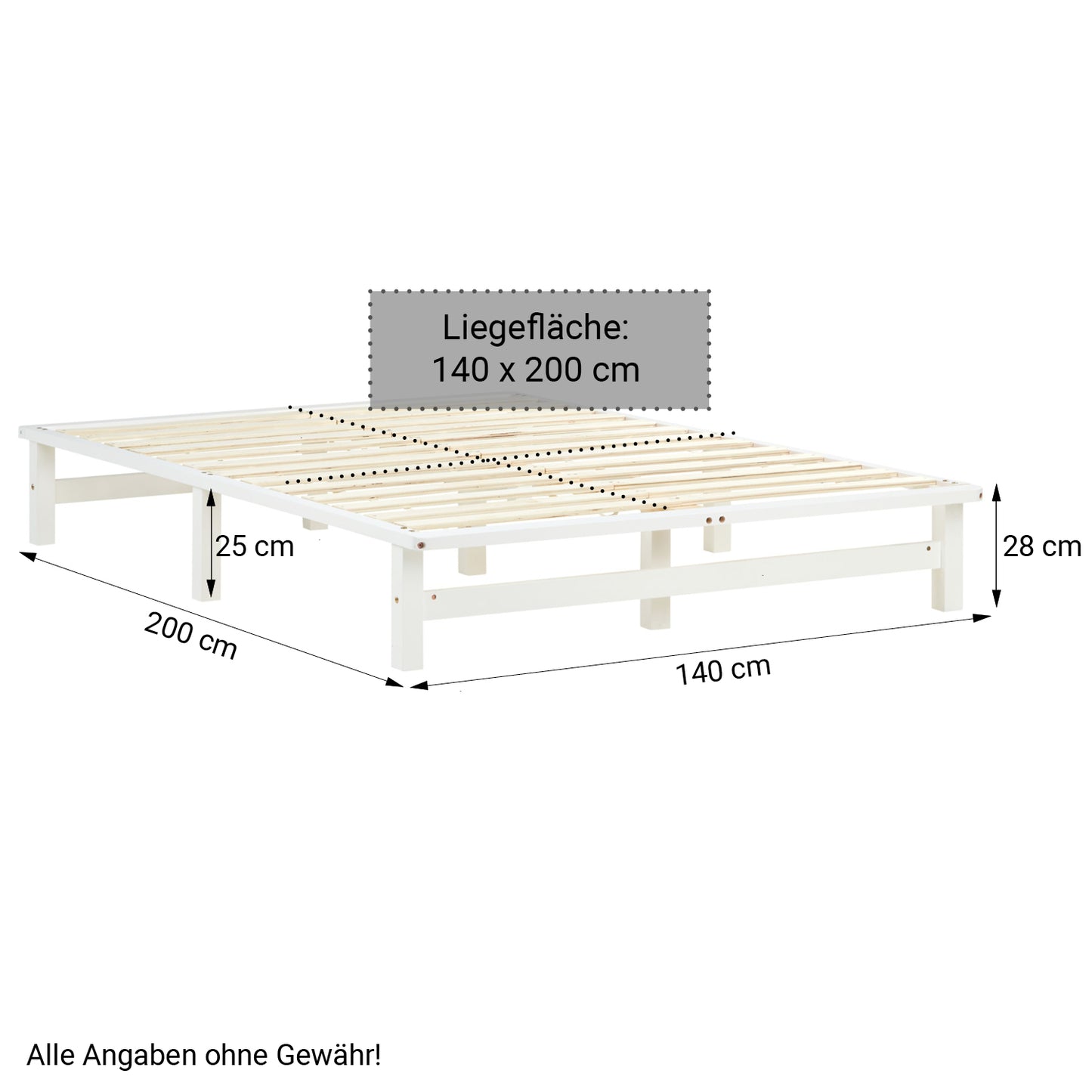 Palettenbett 140x200 cm Weiss | Doppelbett | mit Lattenrost | Holz | Kind Jugend Gast