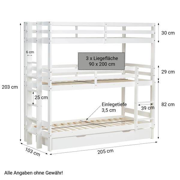 Kinderbett Etagenbett 90x200 cm Dreifachbett Hochbett mit Bettkasten Weiss Holz - Palo24