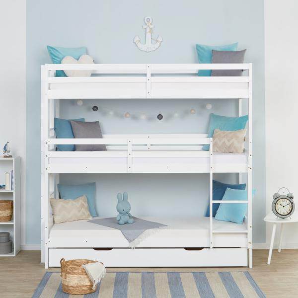 Kinderbett Etagenbett 90x200 cm Dreifachbett Hochbett mit Bettkasten Weiss Holz - Palo24