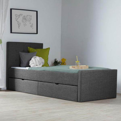 Polsterbett 90x200 cm Grau Einzelbett Tagesbett mit Lattenrost 2 Schubladen - Palo24