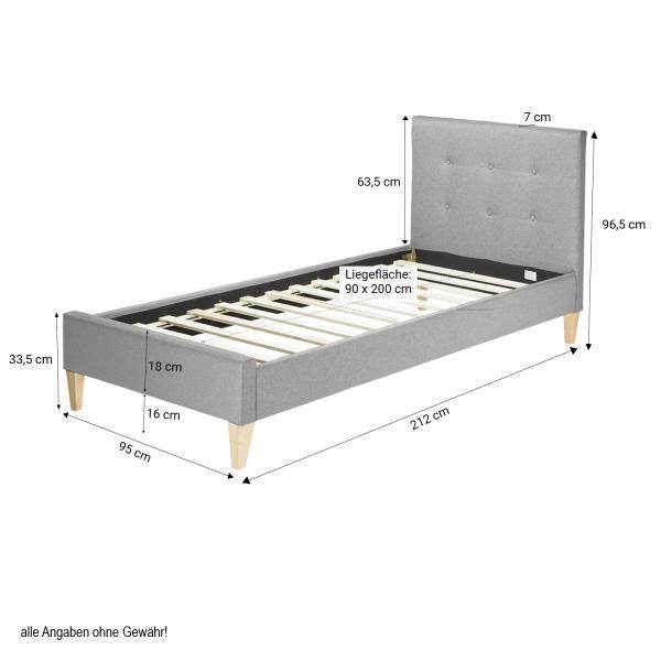 Polsterbett 90x200 Grau Einzelbett Stoffbett Bettgestell mit Lattenrost - Palo24