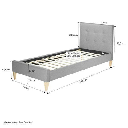 Polsterbett 90x200 Grau Einzelbett Stoffbett Bettgestell mit Lattenrost - Palo24