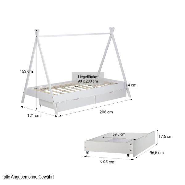 Kinderbett TIPI 90x200 mit 2 Bettkästen Weiss Holzbett Indianer Bett Hausbett Spielbett - Palo24