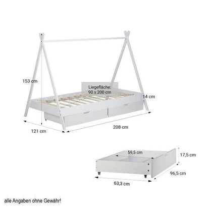 Kinderbett TIPI 90x200 mit 2 Bettkästen Weiss Holzbett Indianer Bett Hausbett Spielbett - Palo24