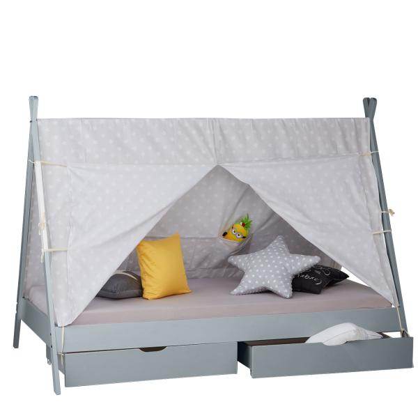 Kinderbett TIPI 90x200 mit 2 Bettkästen grau Holzbett Indianer Bett Hausbett Spielbett - Palo24