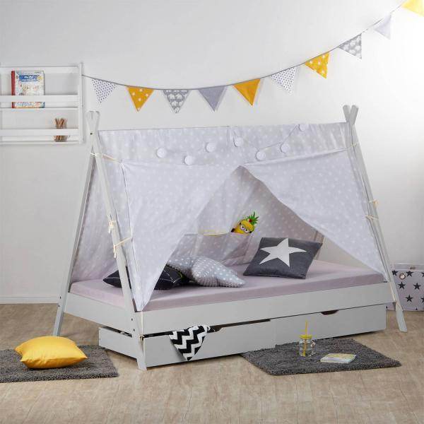 Kinderbett TIPI 90x200 mit 2 Bettkästen grau Holzbett Indianer Bett Hausbett Spielbett - Palo24