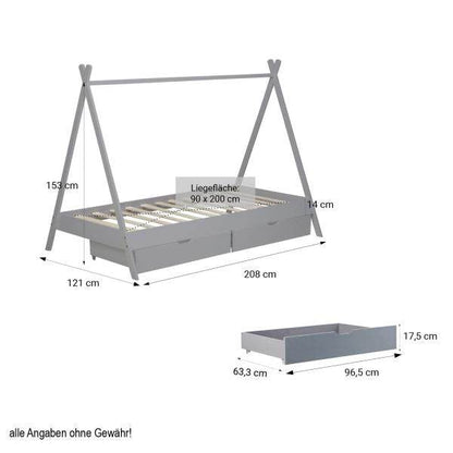 Kinderbett TIPI 90x200 mit 2 Bettkästen grau Holzbett Indianer Bett Hausbett Spielbett - Palo24