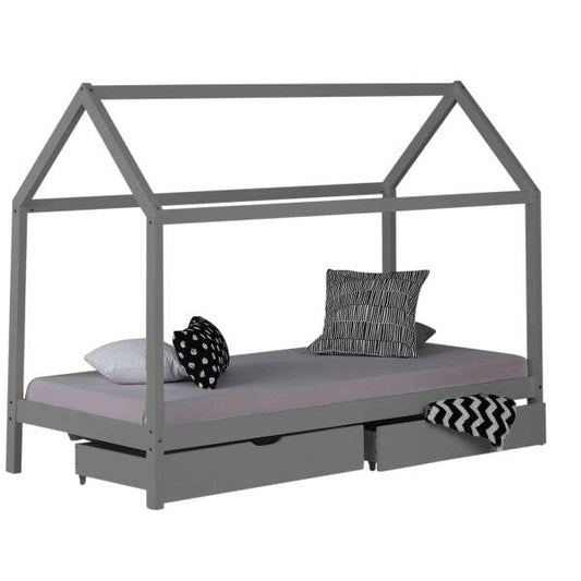 Kinderbett Kinderhaus Spielbett Hausbett 90x200 cm Grau mit Bettkasten - Palo24