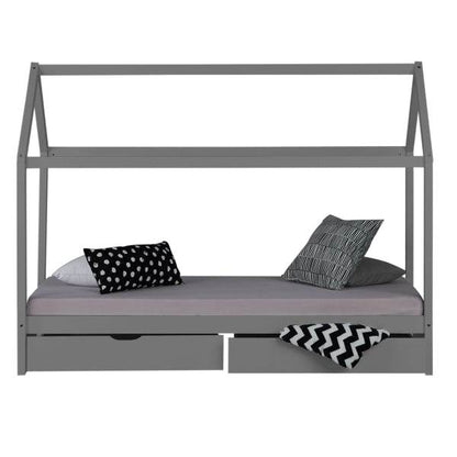 Kinderbett Kinderhaus Spielbett Hausbett 90x200 cm Grau mit Bettkasten - Palo24