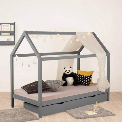 Kinderbett Kinderhaus Weiß Grau Spielbett Hausbett Holzbett 90 x 200 cm mit Matratze Lattenrost - Palo24