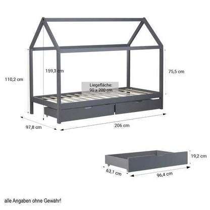 Kinderbett Kinderhaus Spielbett Hausbett 90x200 cm Grau mit Bettkasten - Palo24