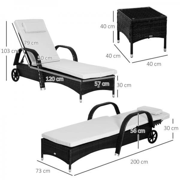 Sonnenliege Tisch 3er Set Gartenmöbel Polyrattan Schwarz - Palo24