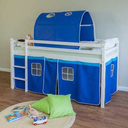 Hochbett Kinder 90x200 cm Weiss mit Vorhang in Blau | Tunnel | ohne Lattenrost