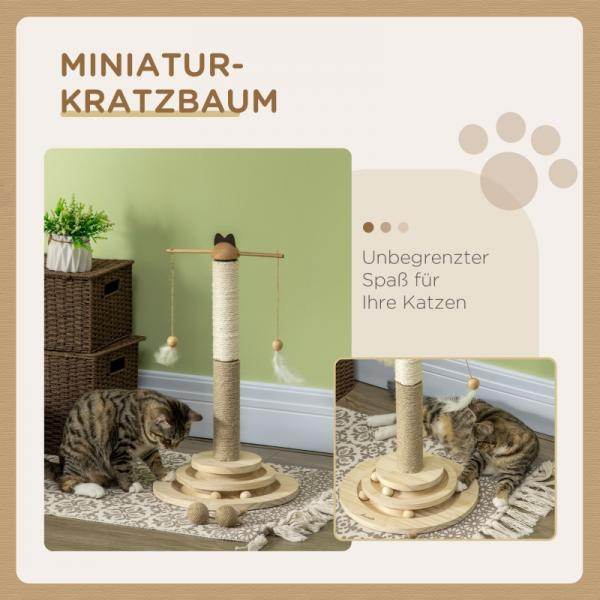 Kratzbaum inkl. Federspielzeug und Drehscheibe, 32 cm x 32 cm x 56 cm, Natur & Braun - Palo24