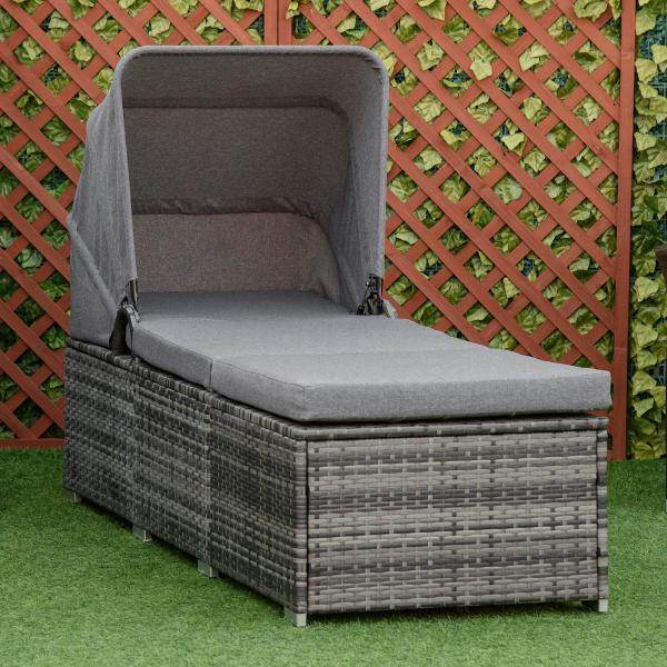 Sonnenliege aus Polyrattan mit Sonnendach Gartenliege grau - Palo24