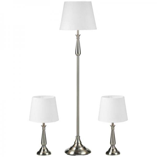 3-teiliges Lampenset im Vintage-Design, 2 Tischleuchten, 1 Stehleuchte Silber + Weiss - Palo24