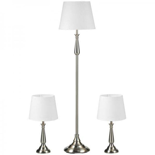 3-teiliges Lampenset im Vintage-Design, 2 Tischleuchten, 1 Stehleuchte Silber + Weiss - Palo24