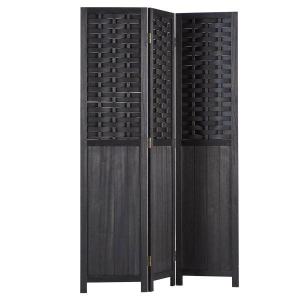 Paravent Raumteiler 3 teilig Holz Trennwand Rattan Sichtschutz Schwarz - Palo24