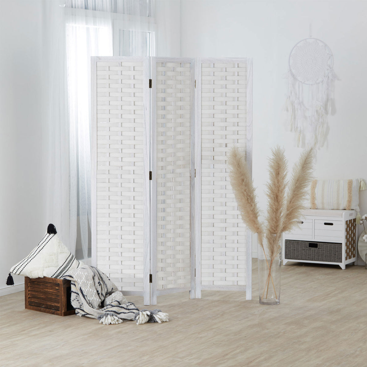 Paravent Natur Rattan-Optik | 3 teilig | Holz | Raumteiler Trennwand Sichtschutz