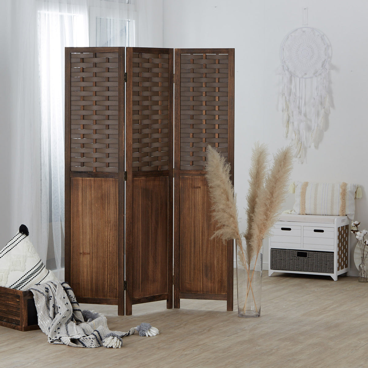 Paravent Braun Rattan-Optik | 3 teilig | Holz | Raumteiler Trennwand Sichtschutz