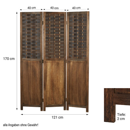 Paravent Braun Rattan-Optik | 3 teilig | Holz | Raumteiler Trennwand Sichtschutz