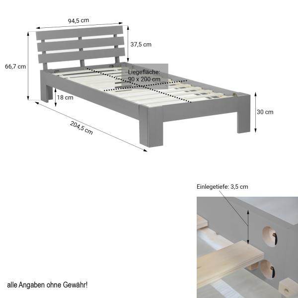 Einzelbett Holzbett Futonbett 90x200 Grau Kiefer Bettgestell Massivholz - Palo24