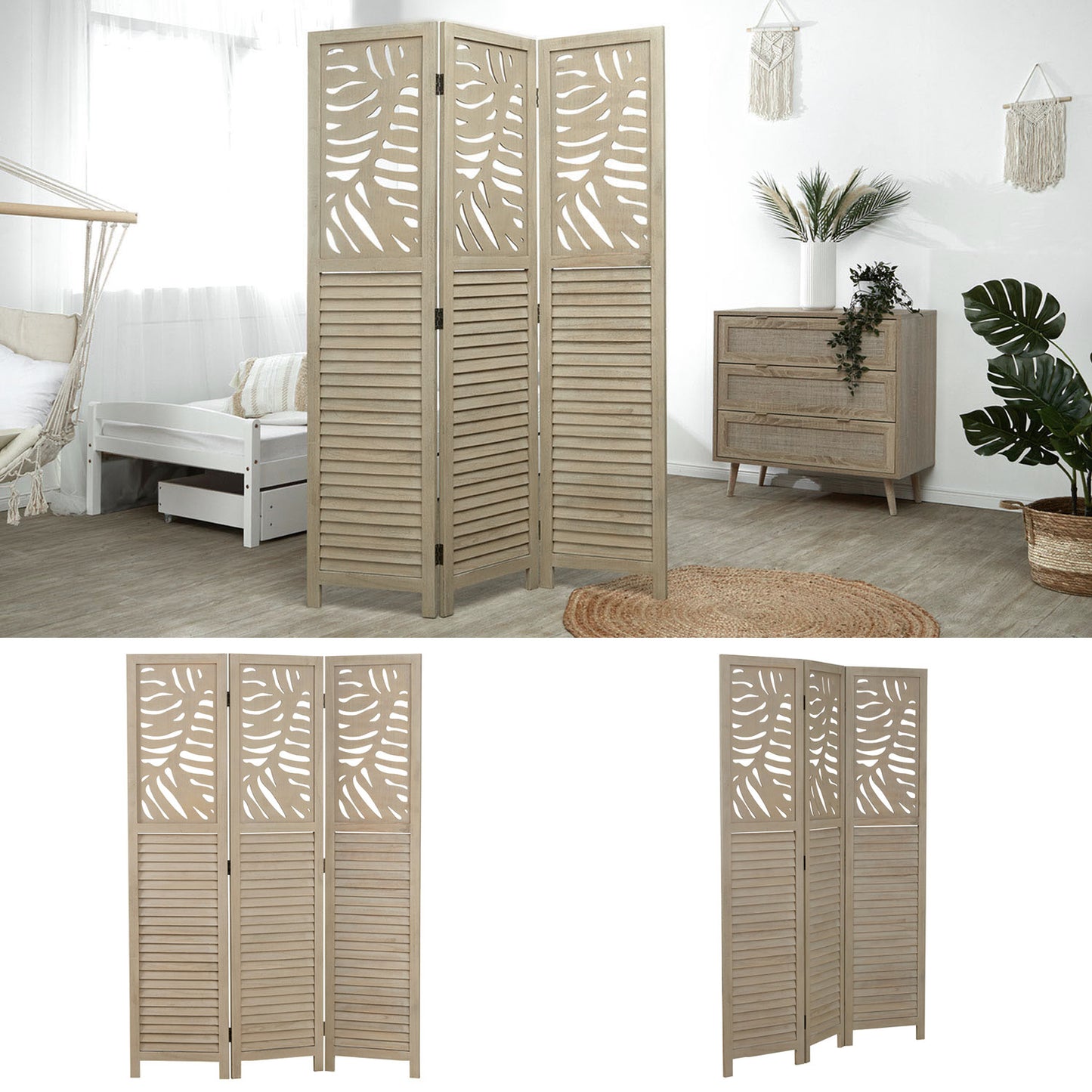 Paravent Natur Rattan-Optik Verzierungen 3 teilig Raumteiler Trennwand Sichtschutz