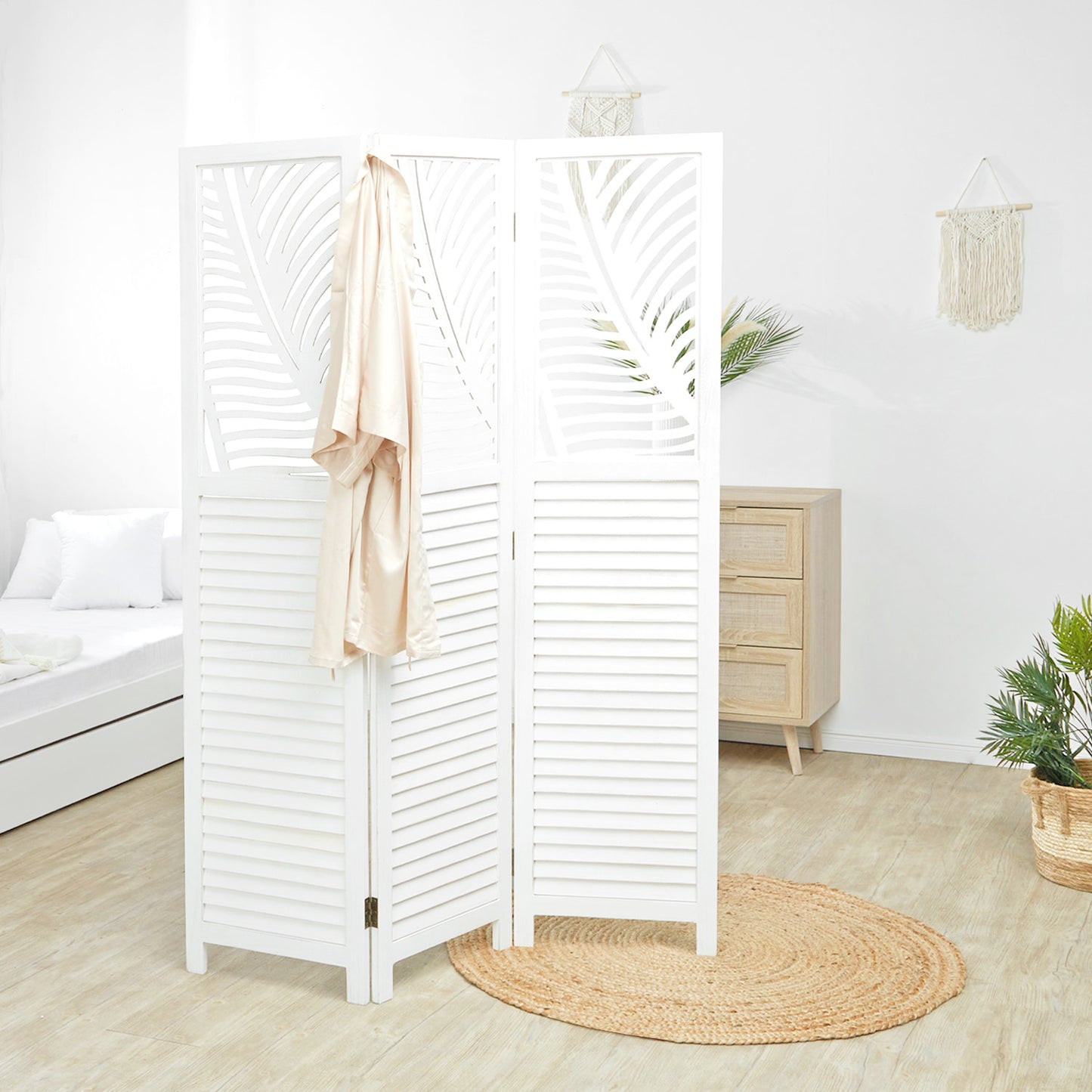 Paravent Weiss Rattan-Optik Verzierungen 3 teilig Raumteiler Trennwand Sichtschutz