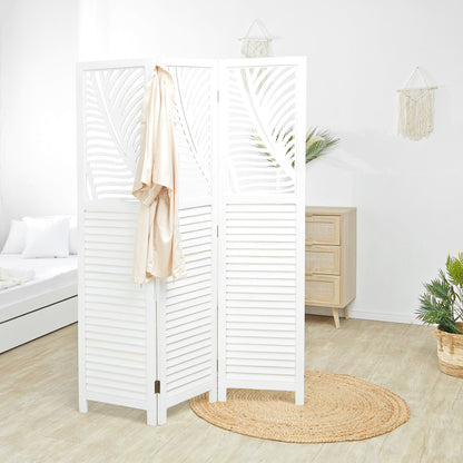Paravent Weiss Rattan-Optik Verzierungen 3 teilig Raumteiler Trennwand Sichtschutz