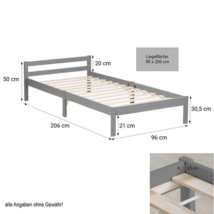 Palettenbett 90x200 cm Grau | Einzelbett | mit Lattenrost | Holz | Kind Jugend Gast