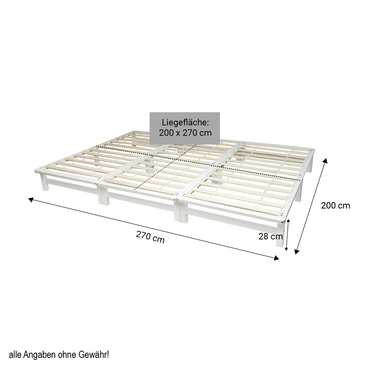 Familienbett 270x200 cm Weiss | Maxi Palettenbett XXL | mit Lattenrost | Holz | auch einzeln stellbar