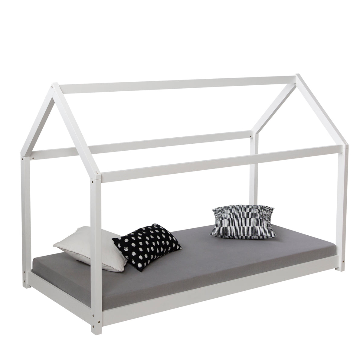 Kinderbett Hausbett mit Lattenrost Matratze Kinderhaus 90x200 Weiss Holz Kiefer