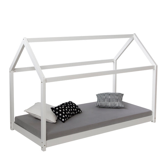 Kinderbett Hausbett mit Lattenrost Matratze Kinderhaus 90x200 Weiss Holz Kiefer