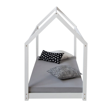 Kinderbett Hausbett mit Lattenrost Matratze Kinderhaus 90x200 Weiss Holz Kiefer