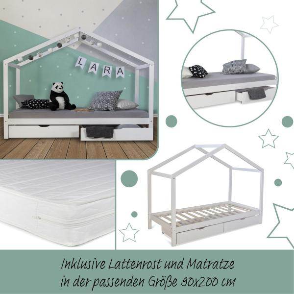 Kinderbett Hausbett 90x200 cm + Matratze Kinderhaus Spielbett Holzbett Bettkasten - Palo24