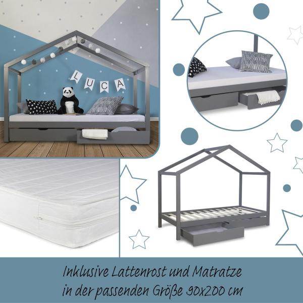 Kinderbett Hausbett 90x200 cm + Matratze Kinderhaus Spielbett Holzbett Bettkasten - Palo24
