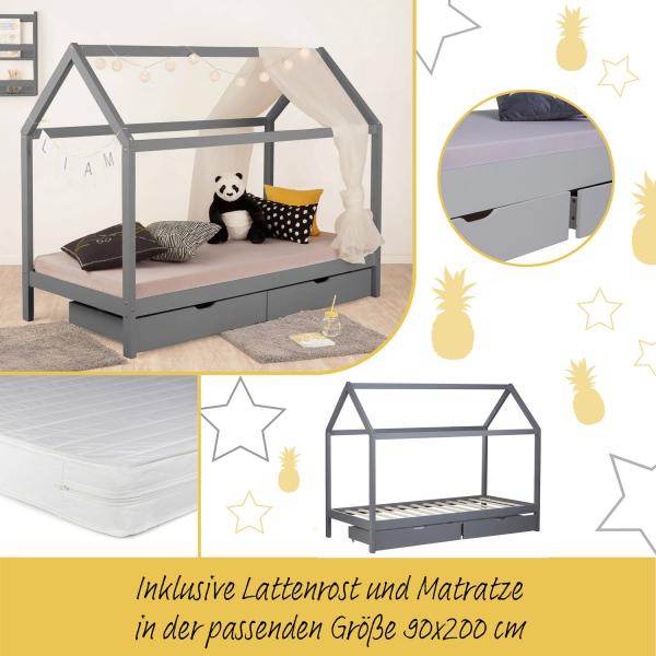 Kinderbett Kinderhaus Weiß Grau Spielbett Hausbett Holzbett 90 x 200 cm mit Matratze Lattenrost - Palo24