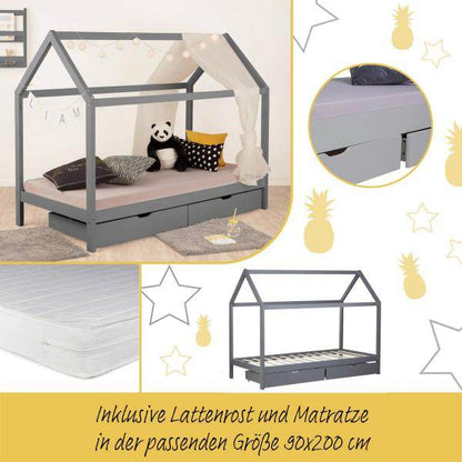 Kinderbett Kinderhaus Weiß Grau Spielbett Hausbett Holzbett 90 x 200 cm mit Matratze Lattenrost - Palo24